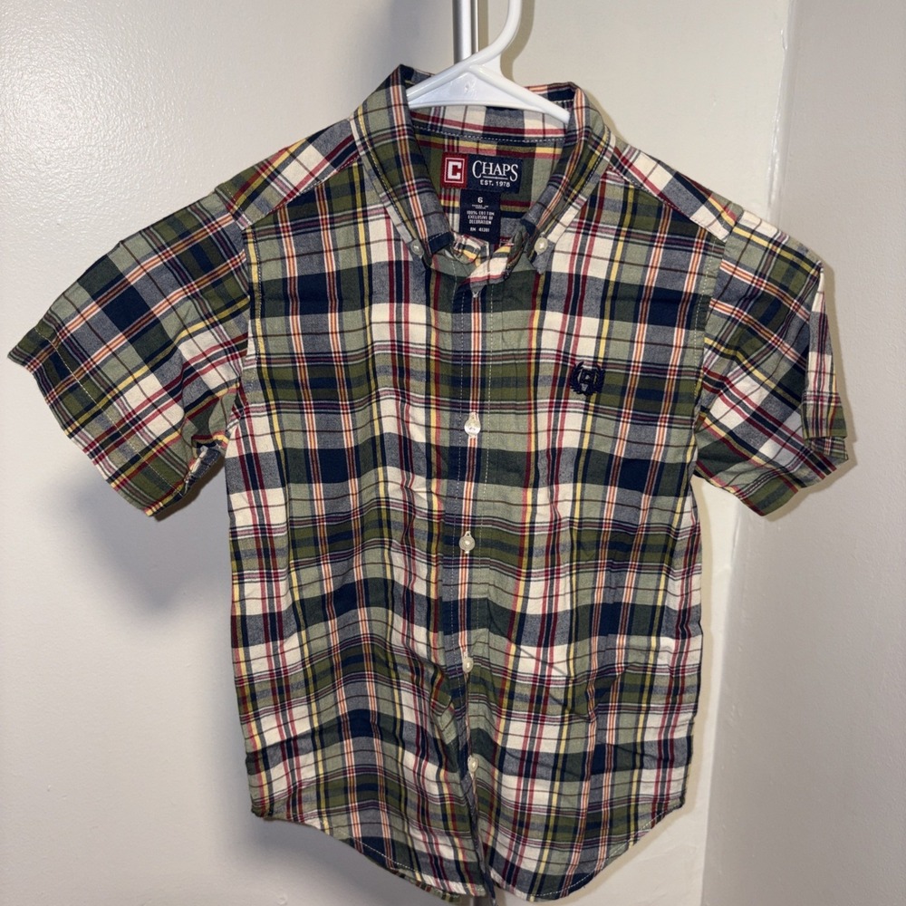 Chaps Boys Blue Plaid Short Sleeve Button Down Shirt, Sz Small 6